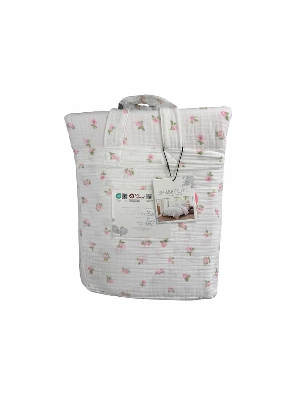 Shabby Chic Pink 3 PC King Gauze Duvet Set Pink Rose with Ruffles ~ Matching Bag - Picture 4 of 16